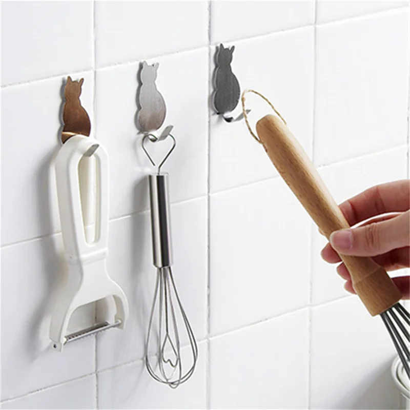 2PCS Cat Pattern Storage Holder Adhesive Hooks For Bathroom Kitchen Hanger Shelves Storage Organizers Gadgets Home Accessories