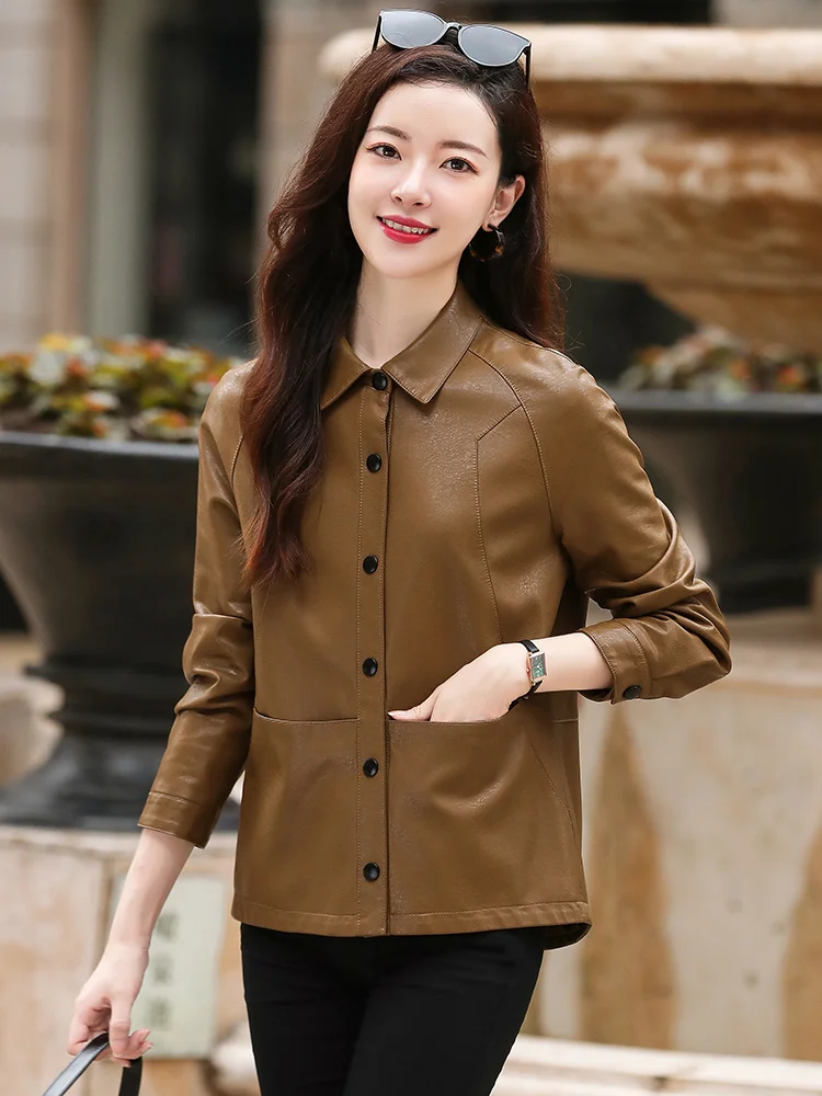 2023 Spring and Autumn New Haining Genuine Leather Coat Women's Short Coat Korean Version Loose and Slim Fashion Leather Jacket