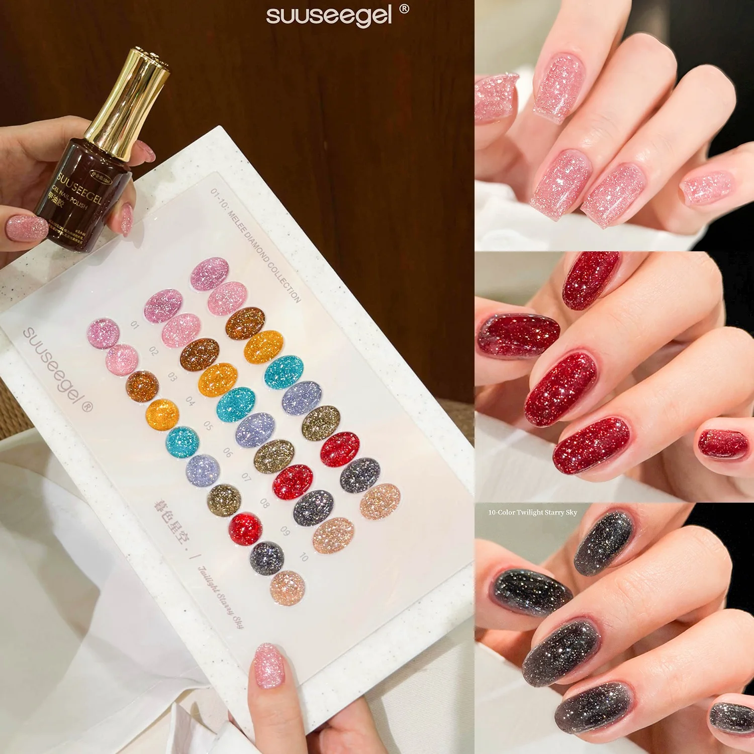 VVSFSSIR Nail 10 Colors Diamond Glitter Gel Polish Set High Density Sparkle Magnetic Cat Eye UV LED Soak Off Nail Art Gel 12ml