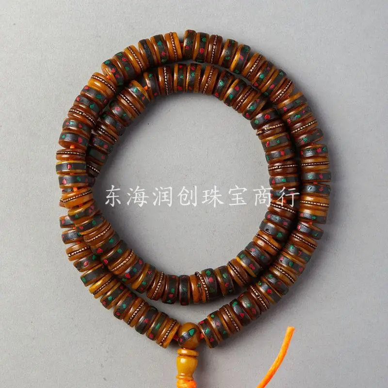 Tibetan- old yak bone inlaid with multi-gemstone , 108 Buddhist beads, semi-finished ethnic-style hanging chain jewelr