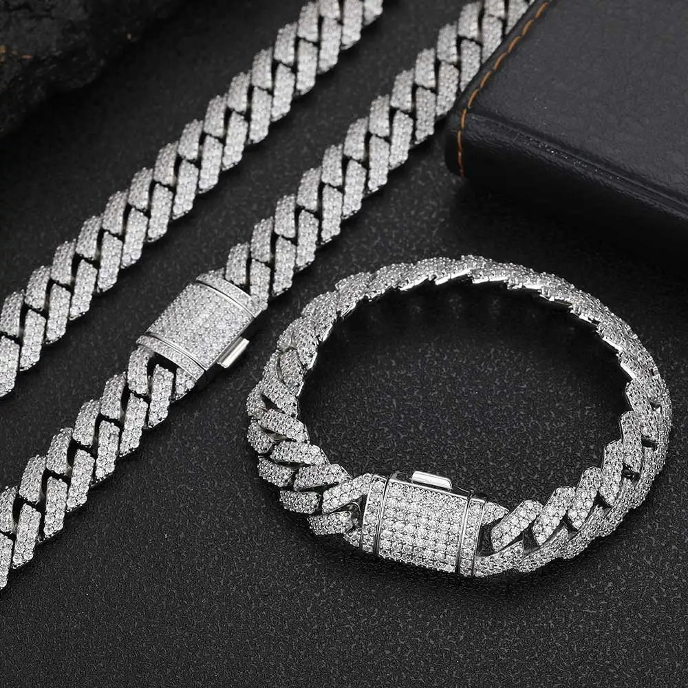 Hiphop NUOYA Hight Quality VVS Moissanite Prong Cuban Link Chain Necklace 12mm 925 Silver Cuban Chain Men Jewelry..