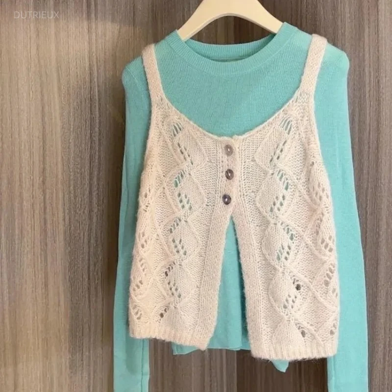 Sweet Fresh 2026 New Women Clothing Vest Knit Layering Sling Undershirt Tees Hollow Out Slim Korea Chic Exquisite Camis