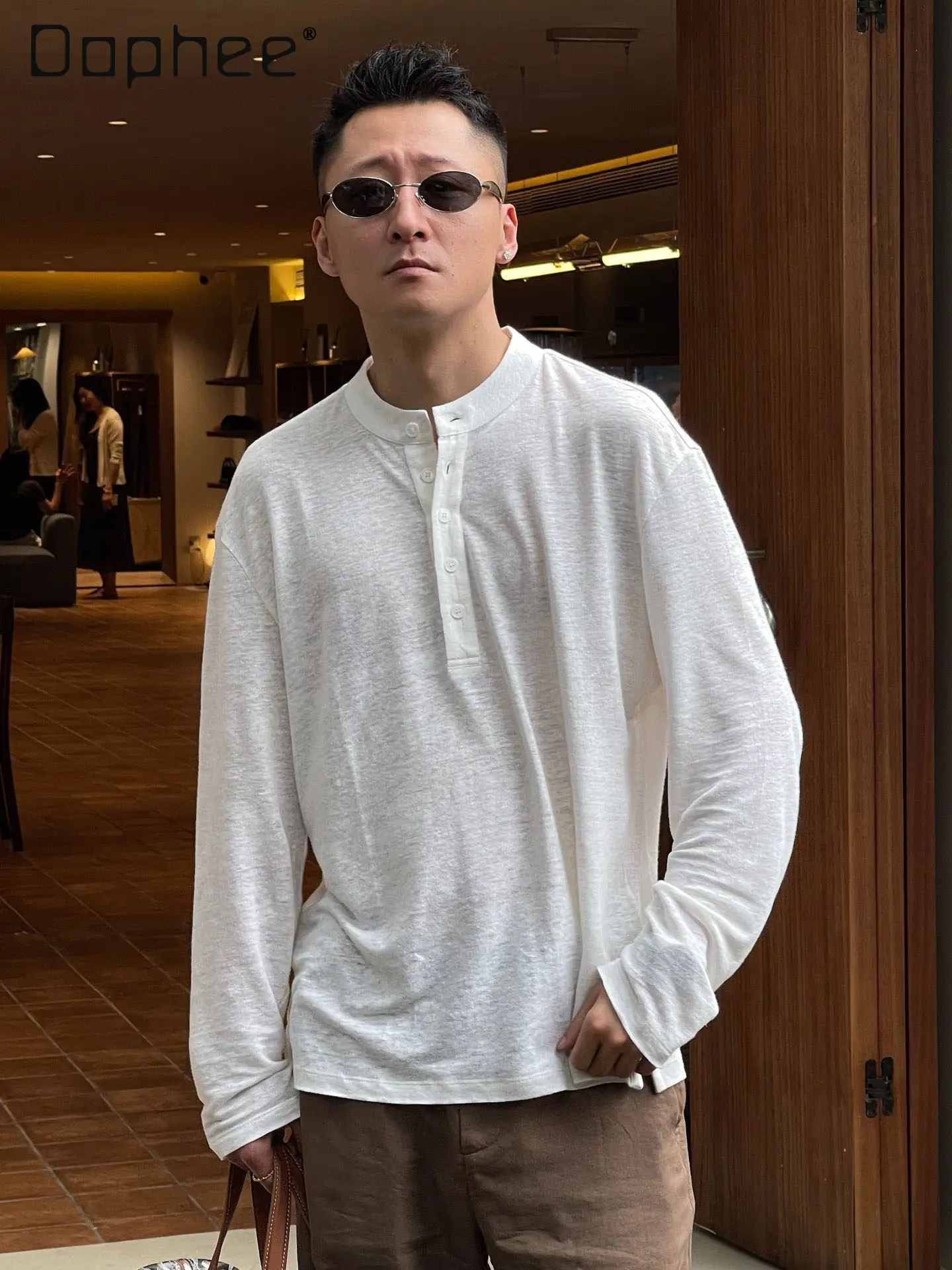 2026 Summer Italian Style Fashion Casual Minimalist Round Neck Long-sleeve T-shirt for Men's White Versatile Basic Loose Tops