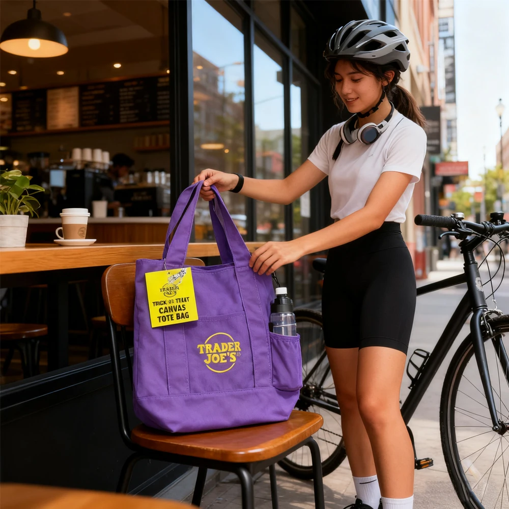 

Official Trader Joe's Trick or Treat Tote Bag - Purple Reusable Canvas Bag for Groceries, Cycling Errands, Cafe Outings