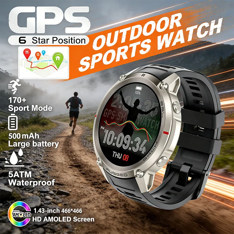 

New Men Military GPS Compass Smart Watch 5ATM Featuring Global 6 -Satellite GPS 1.43" HD AMOLED Outdoors Sports Smart Watch Men