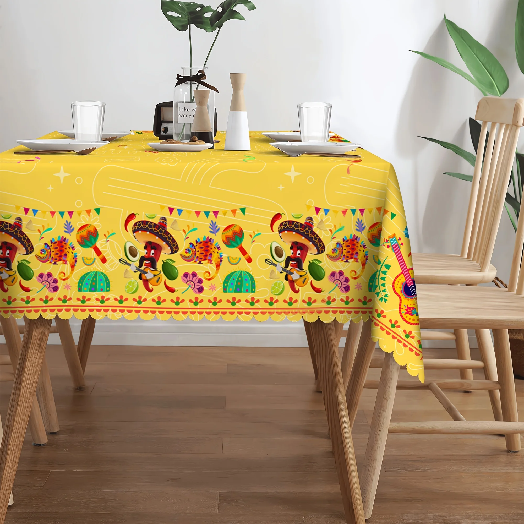 Mexican Folk Style Printed Tablecloth Fiesta Cactus Sunflower Skull Pattern Table Cover For Bedroom Dining Table Home Kitchen