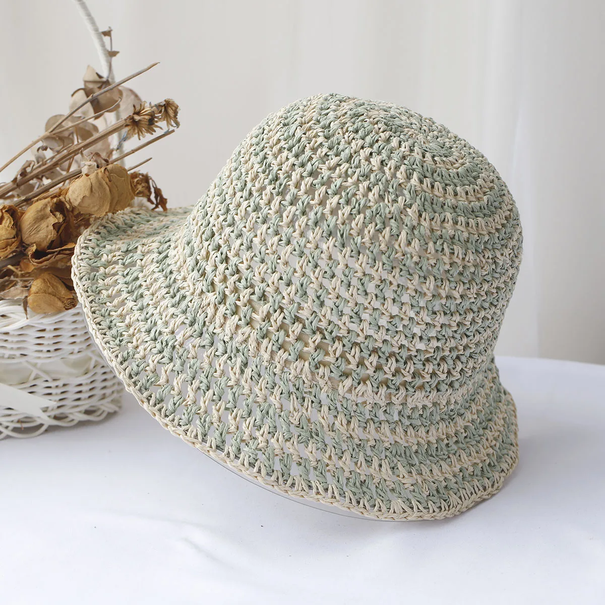 papyrus Fashionable Luxury hollow hat Sky blue striped hat bucket hat Foldable Sun Crochet Hat For Beach straw hat Women's hats