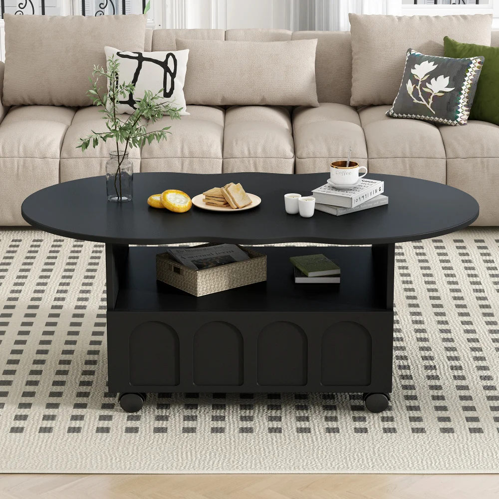 

Modern Minimalist Style Cream Style Irregular Center Coffee Table With 2 Wheels And Drawers Storage Space Living Room Black