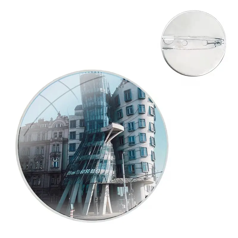 Prague Europe Prettiest Bridges City Glass Dome Brooches Shirt Lapel Bag Cute Badge Pins For Clothes Hat Accessories