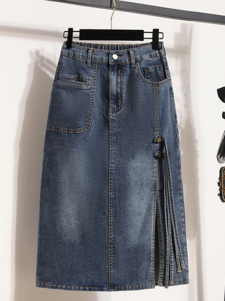 

Maxi Denim Midi Skirts Woman Lacing Spring Summer Korean Casual High-Waisted A-Line Ruffle Slit Jean Skirt Plus Size 3XL