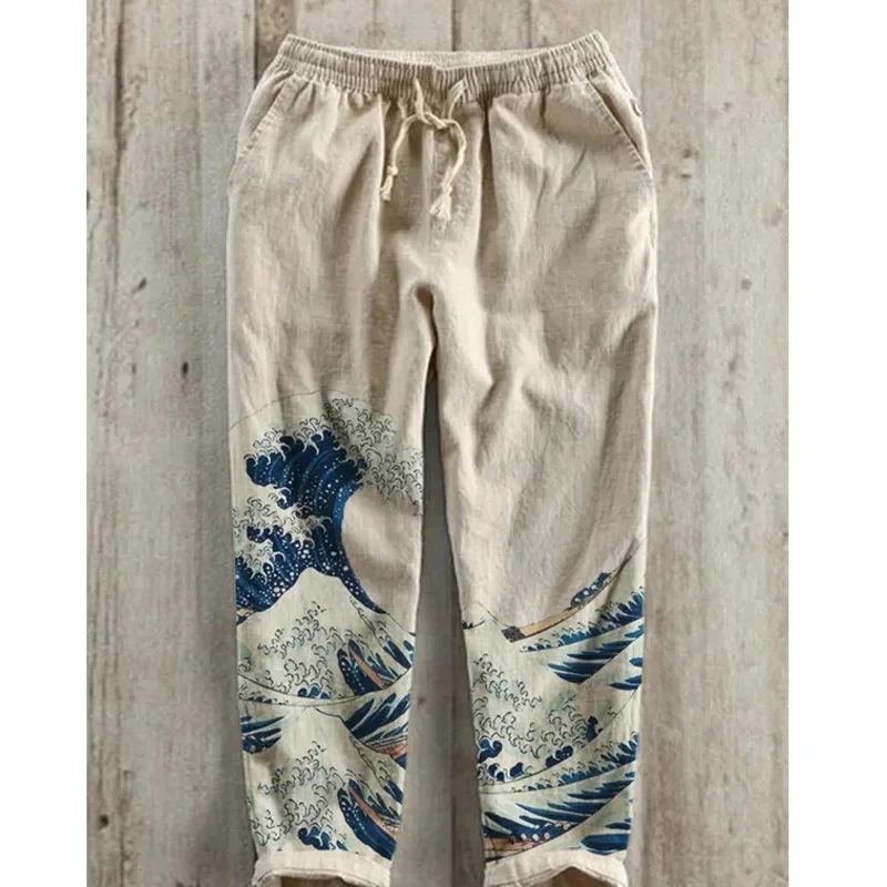 Calça masculina de perna larga estampada em polvo 3D, calça de cânhamo casual europeia e americana, tubo reto misturado, calça solta de cintura alta