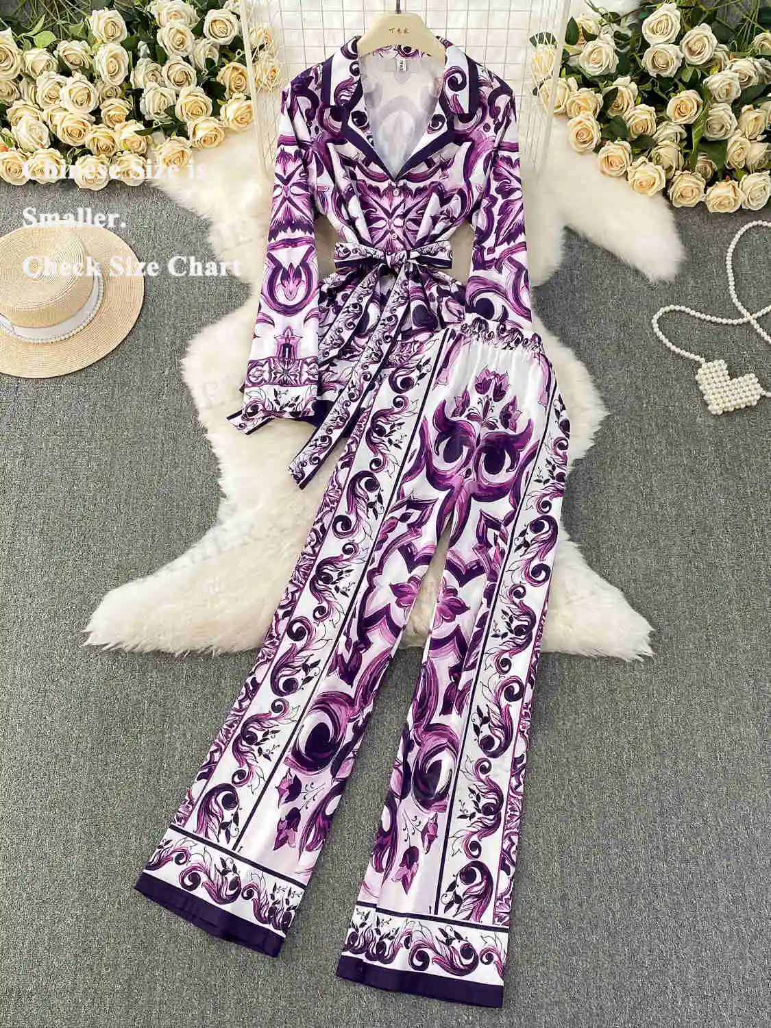 Autunno Musulmani Casual Set a due pezzi Camicie viola da donna Giacca con stampa Pocelain + Pantaloni a gamba larga in vita elastica 2 pezzi Abiti