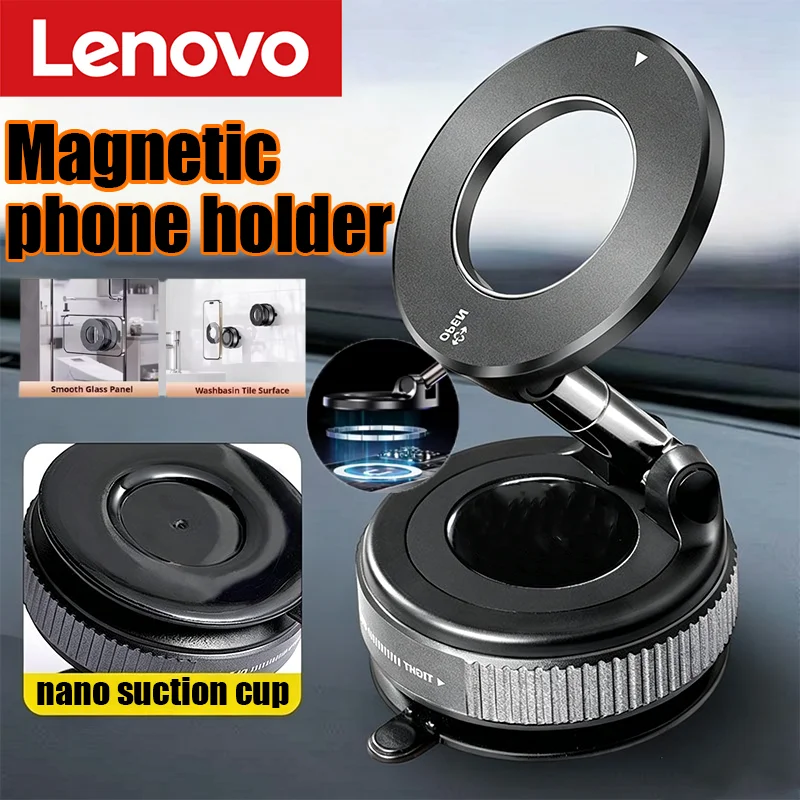 Lenovo Enhanced Duty Magnetic Car Phone Mount Foldable 360° Rotatable with Secure Vacuum Suction Pad Suitable for Car Bedroom