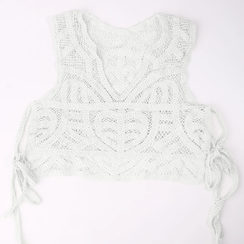 Pull en tricot ajouré pour femmes, gilet Sexy, col en fente latérale, cravate, Bandage, sans manches, débardeur, été