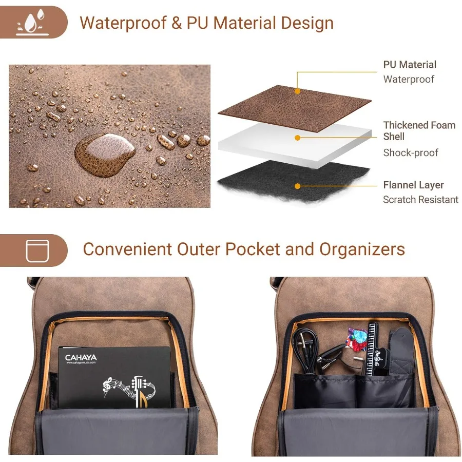 حافظة جيتار صوتي مقاومة للماء بطانة سميكة 0.8 بوصة تصميم PU مقاوم للماء سهل التنظيف مع 3 جيوب وصندوق تخزين