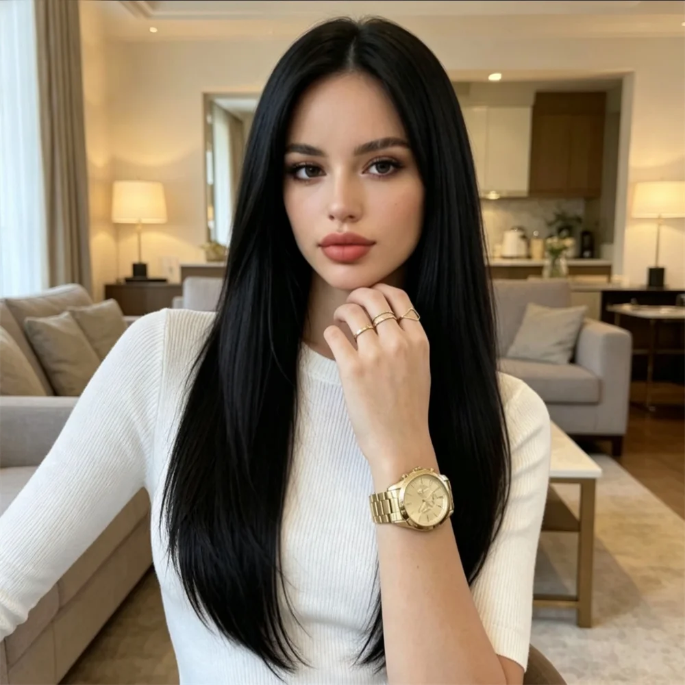 

Black Straight Soft Long 26 Inch hair Heat-Resistant 13x4x1 Lace Front Wig For Women With Synthetic Preplucked Glueless Baby Hair