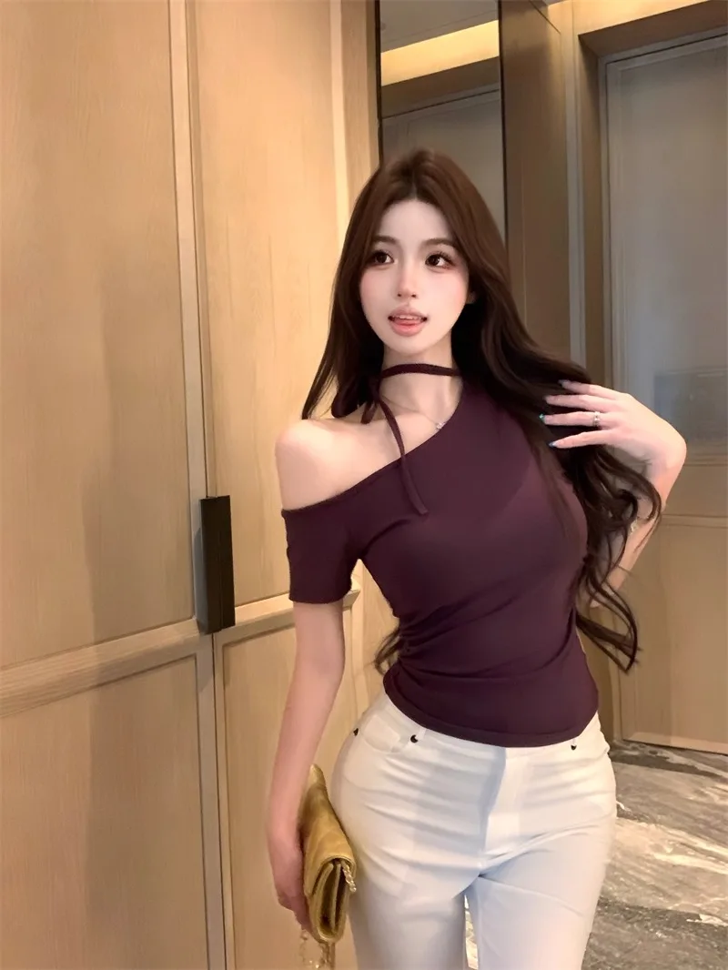 Sexy Pure Desire Sle ort Sve oulder Bared T irt Damen-Sommeroberteil mit schmaler Passform und Intimated-Design aus Baumwollmischung