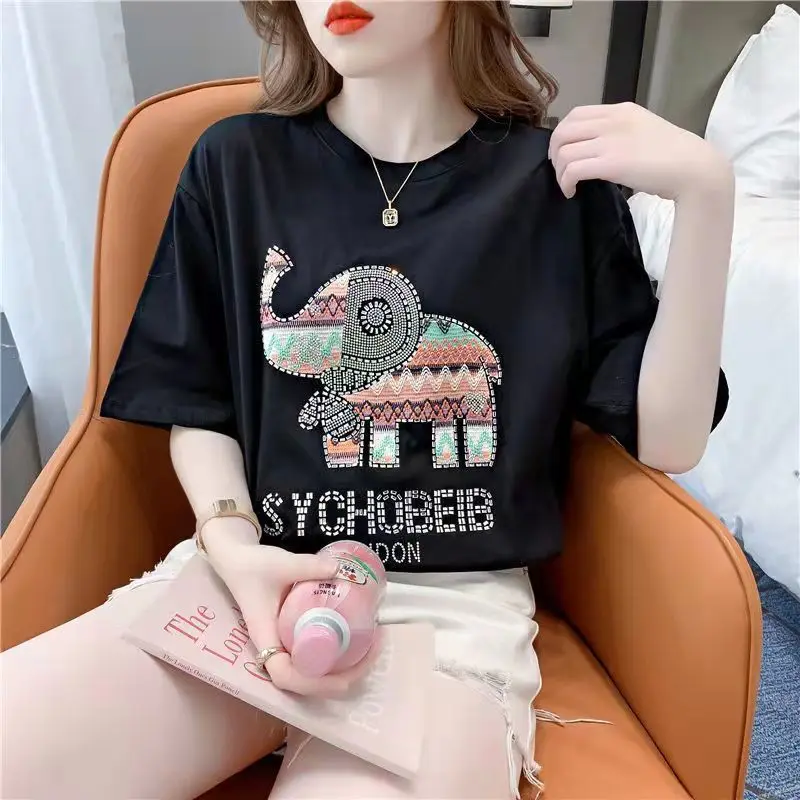 Korean Loose Round Neck Cartoon Embroidery Tops For Female Casual Fashion Diamonds Spliced T-shirt Summer New Women\'s Clothing