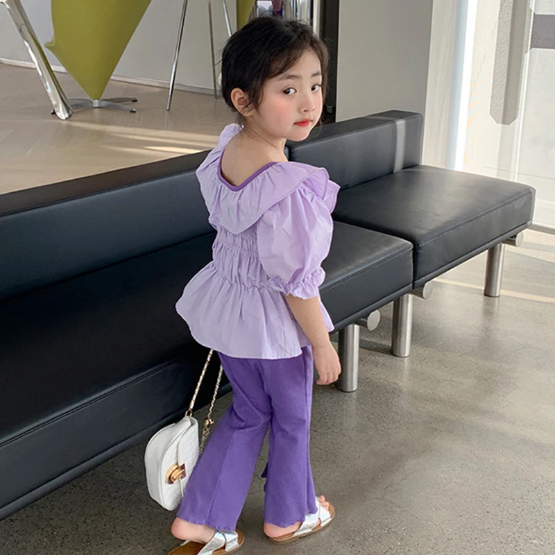 2023 Summer New Girls\' Clothing Sets Korean Bowknot Ruffles Short Sleeve Top+Fashion Bell-bottoms Girls Fashion Kids Outfit