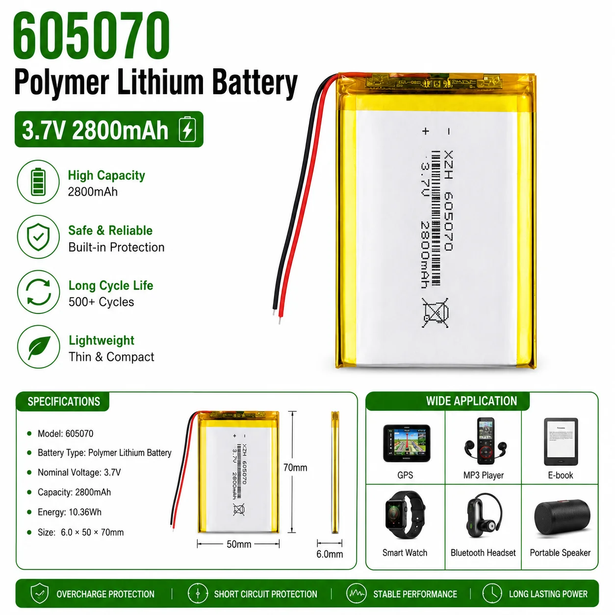 1-5PCS 3.7V 605070 Polymer Lithium Battery 2800mAh for Bluetooth Speakers, Reading Pens, Mosquito Repellent Lamps