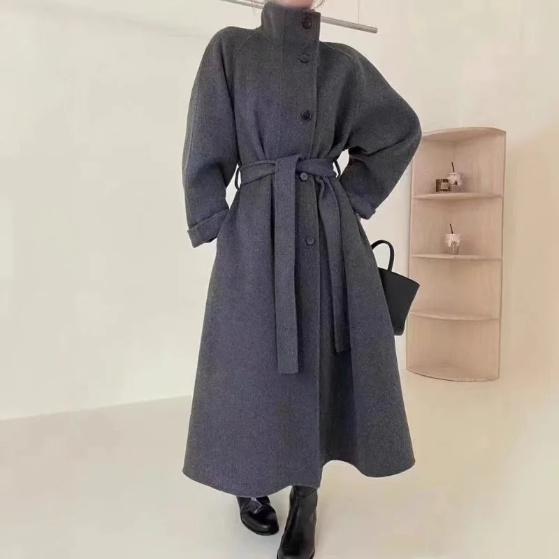 2026 New Double-sided Wool Coat Women's Winter Single-breasted Long Belt Stand-up Collar Casual Warm Fluffy Woolen Overcoat
