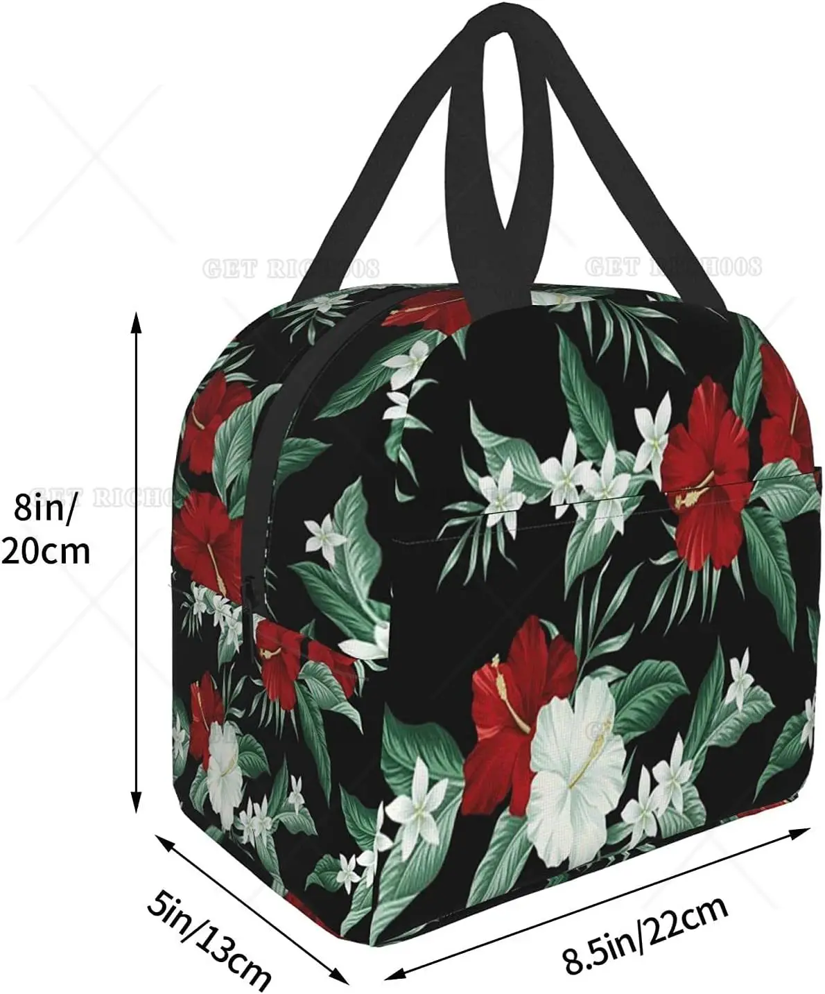 Bolsa de almuerzo de hibisco rojo de flores hawaianas tropicales, bolsa de mano para mujeres, hombres, niños, contenedor de almuerzo aislado