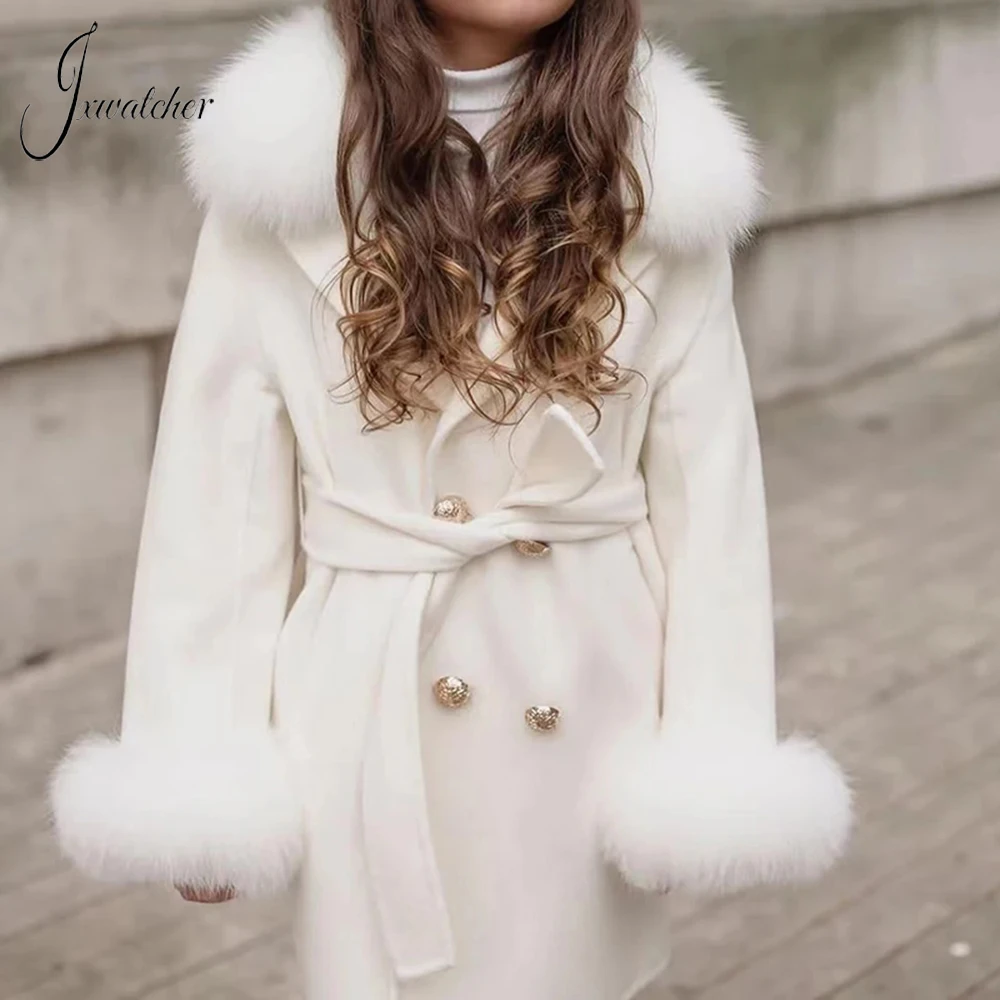 Winter Kids Girls Cashmere Coat Real Fox Fur Collar Cuffs Autumn Warm Wool Coat Overcoat Cute Bow Child Wool Jacket Clothes