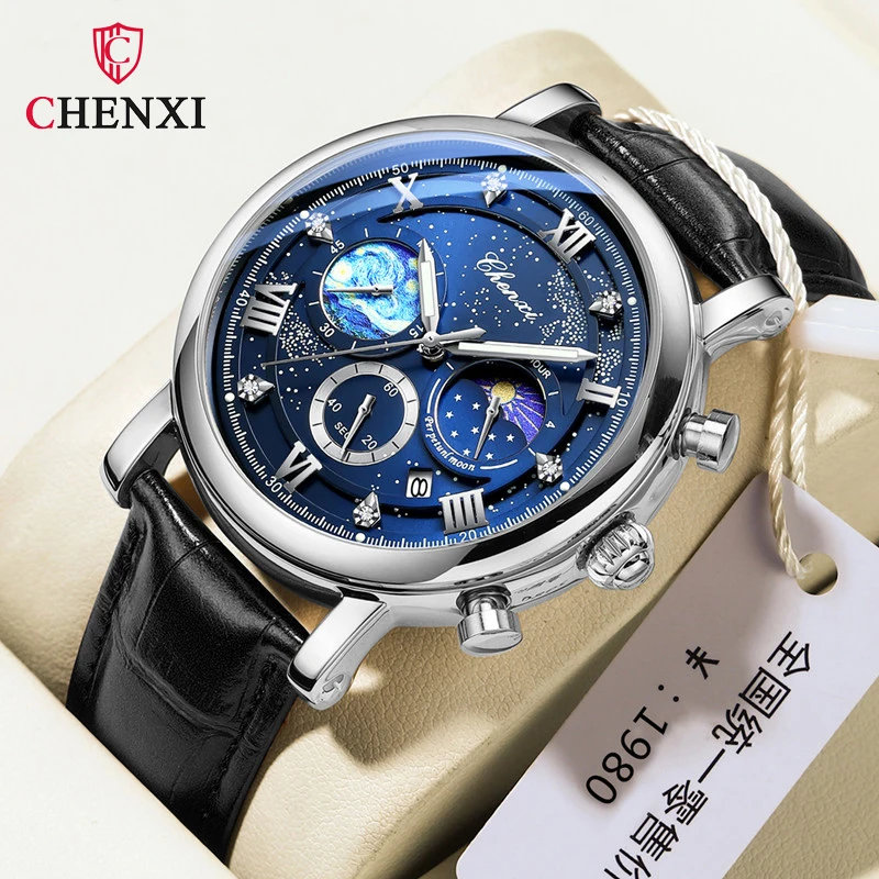 

CHENXI 972 Men's 2023 Luxury Casual Leather Quartz Watch Man Business Clock Male Sport Waterproof Date Chronograph Wristwatches