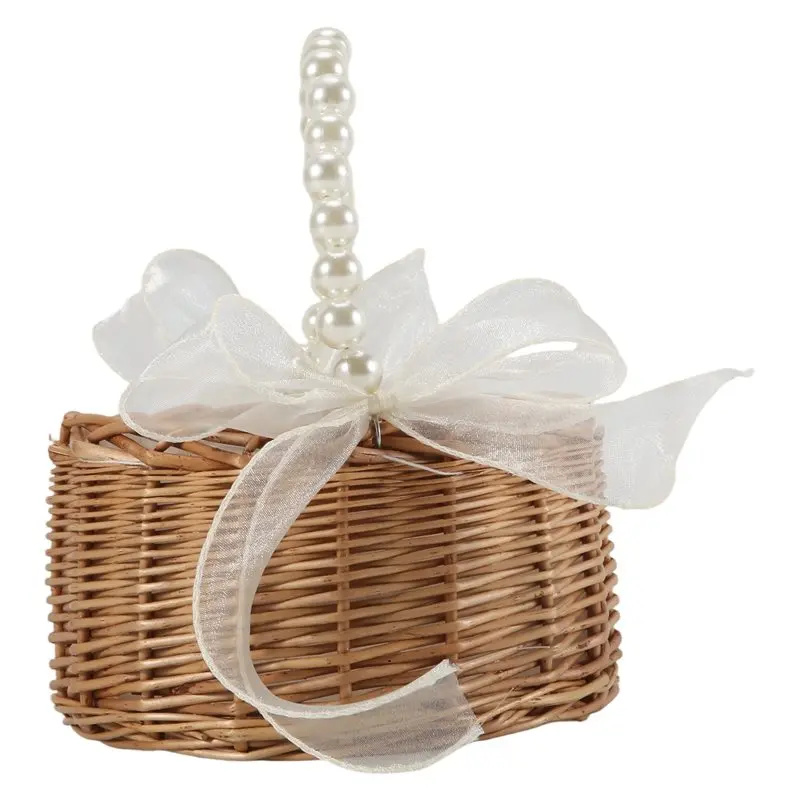 A36T-Wicker Flower Girl Basket For Weddings, Rattan Flower Basket Handmade Flower Girl Basket With Handle And Ribbon
