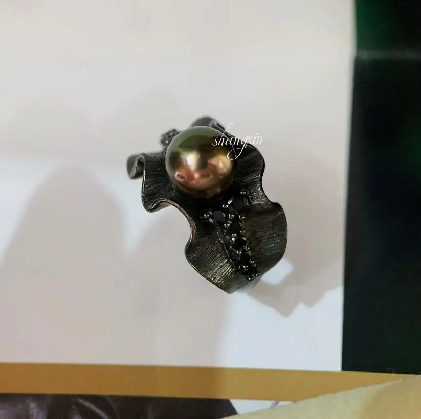 stunning 9-10mm tahitian round black green pearl ring 925s
