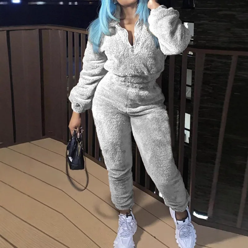 따뜻한 털 여성용 2피스 세트 솔리드 지퍼 프론트 스웨트셔츠 조깅 팬츠 매칭 세트 2025 겨울 신상 패션 스트리트웨어 의상