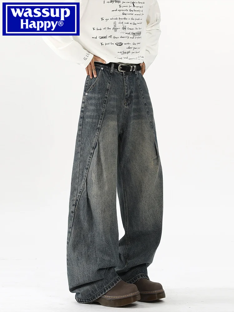 

Wassup Happy American Ретро плиссированные джинсы мужские свободные прямые широкие брюки осень-зима крутые джинсы