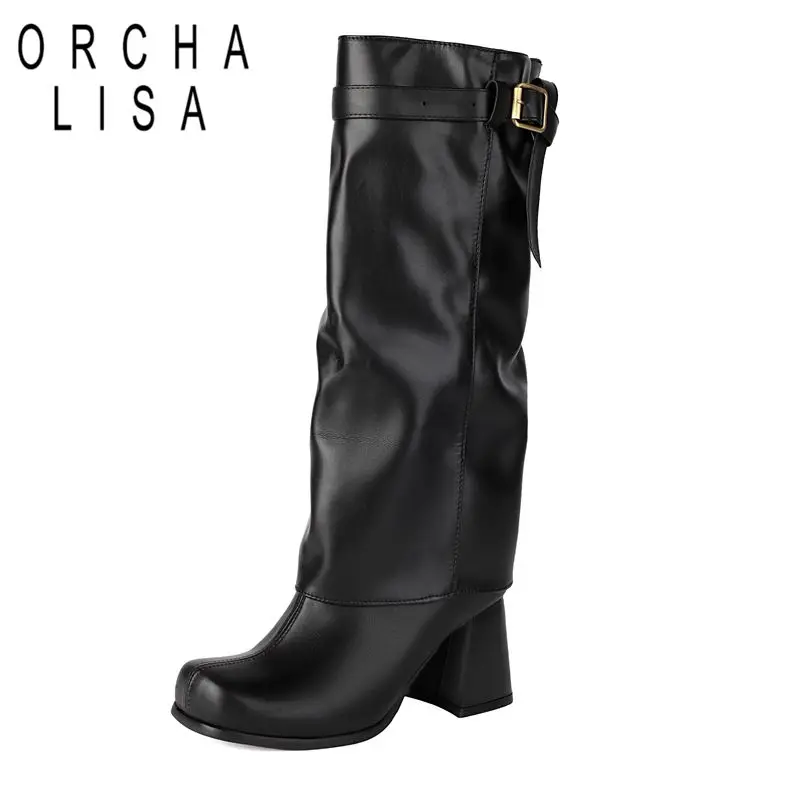 

ORCHA LISA Design Модные женские сапоги до колена с квадратным носком на массивном каблуке 7,5 см, без шнуровки с пряжкой на ремне, большие размеры 41 42 43 Daily Bota