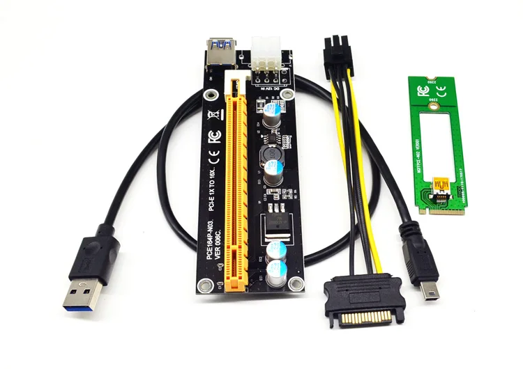 Novo 1X A 16X M2 NGFF PCI-E PCI Express Extender Riser Cartão Adaptador 60CM USB 3.0 Cabo de Alimentação 6Pin Para Bitcoin Mineiro Mineração