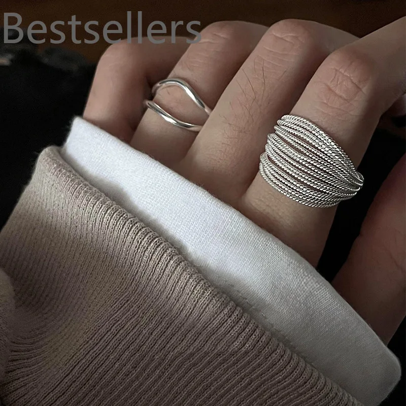 925 Sterling Silver Unique Lines Ring For Women Jewelry Finger Adjustable Open Vintage Ring For Party Birthday Gift
