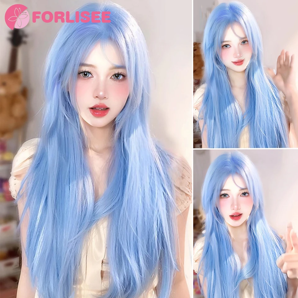 FORLISEE Synthetic Long Straight Lolita Wig with Bangs Wig Girl Cute Ombre Glacier Blue Cosplay Party Halloween Harajuku Wig