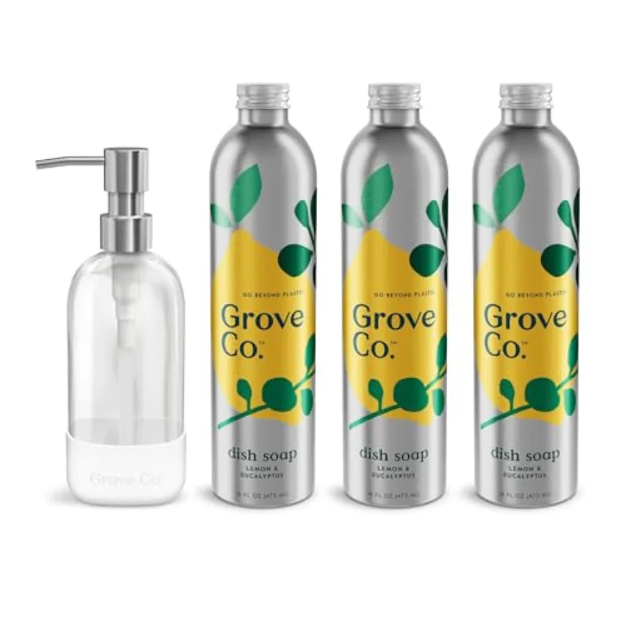 

Компания Grove Co. Набор сменных блоков для моющего средства Ultimate Dish Soap (3 x 16 жидких унций) + многоразовый стеклянный дозатор для моющего средства для кухонной раковины с нескользящим силиконовым основанием