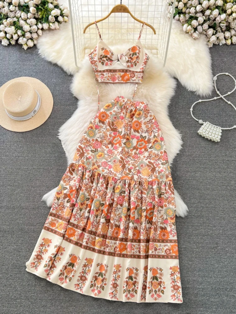 

Strapless twisted tunic sexy camisole high waist slim A-line big swing half skirt womne summer printing elegant 2piece set