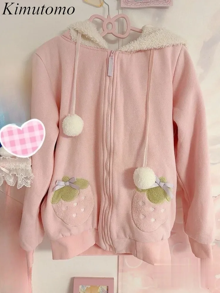 

Kimutomo Jackets Women Cartoon Strawberry Pockets Sweet Hooded Y2k Aesthetic Harajuku Outwear Autumn Winter Coats Female