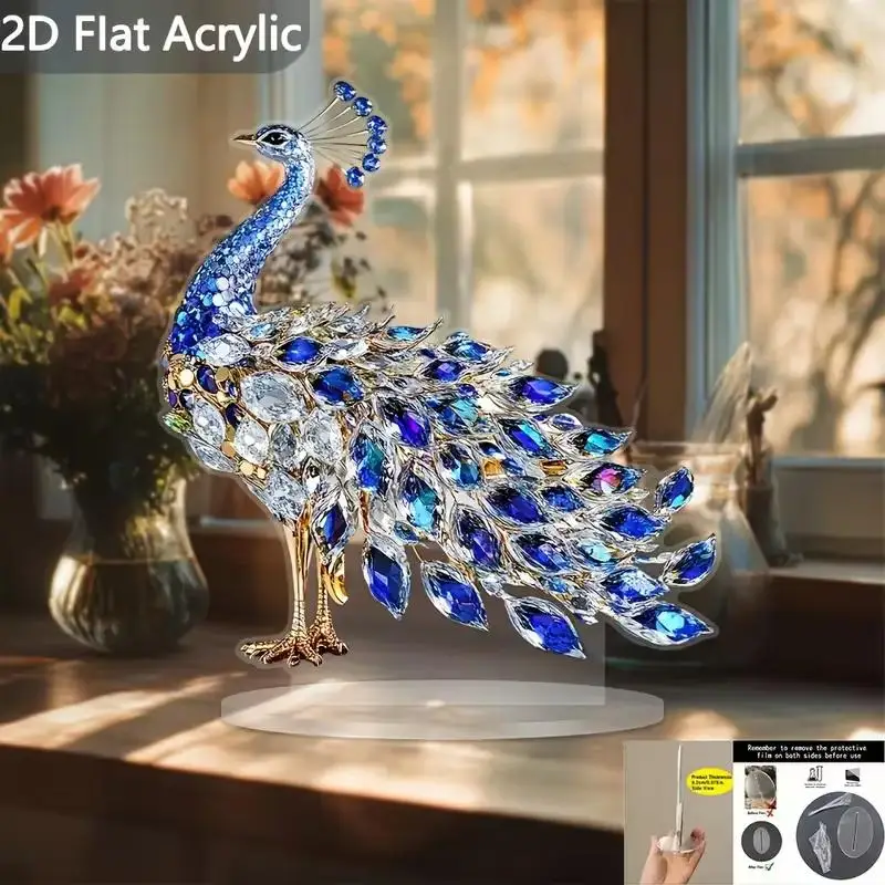 1Pc 2D Flat Acrylic Figurine Luxurious Crystal Peacock Ornament Tabletop Decoration For Bedroom Living Room Office