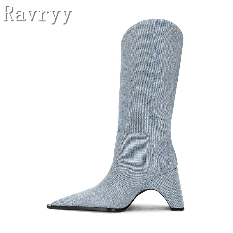 

Women New Denim Mid Calf Boots Strange Heels Pointed Toe V-Neck Winter Footwear Fashion Brand Design Runway Boots