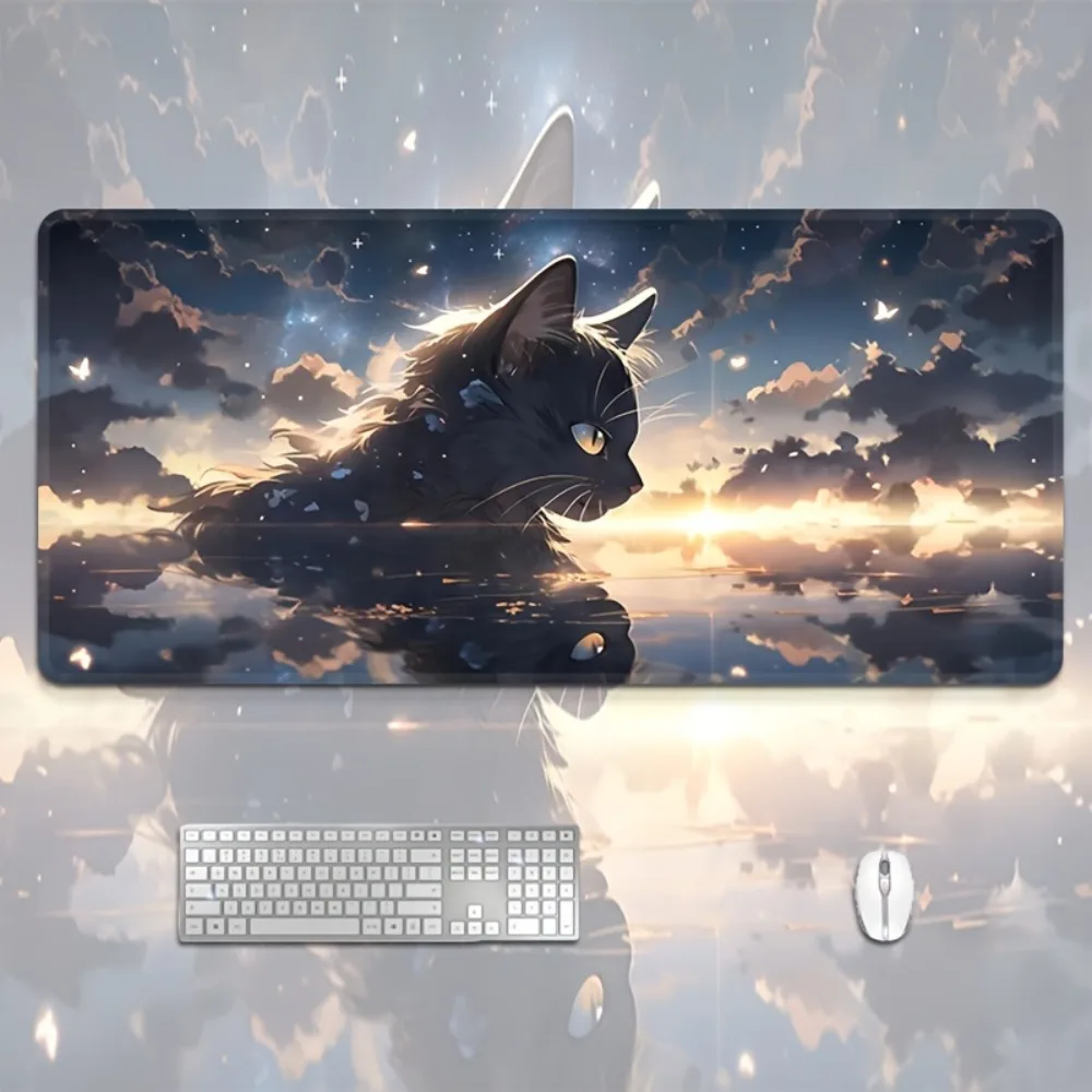 Tapis de souris XXL imprimé avec un magnifique motif de chat noir, vue sur la mer au coucher du soleil, tapis de souris xxl teclado mecânico alfombrilla ratón