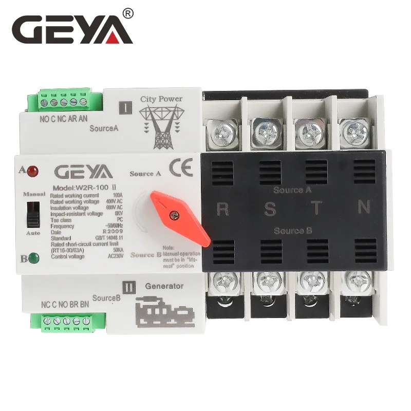 GEYA W2R Mini ATS 4P Automatic Transfer Switch Controller Electrical Type ATS Max 100A 4POLE Din Rail Electric Switch