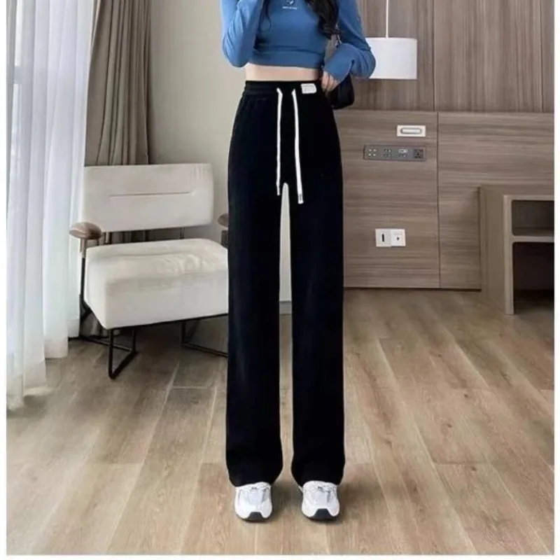 Autumn Winter Women\'s Elastic High Waisted Solid Screw Thread Bandage Drawstring Casual Wide Leg Loose Trousers Fashion Pants