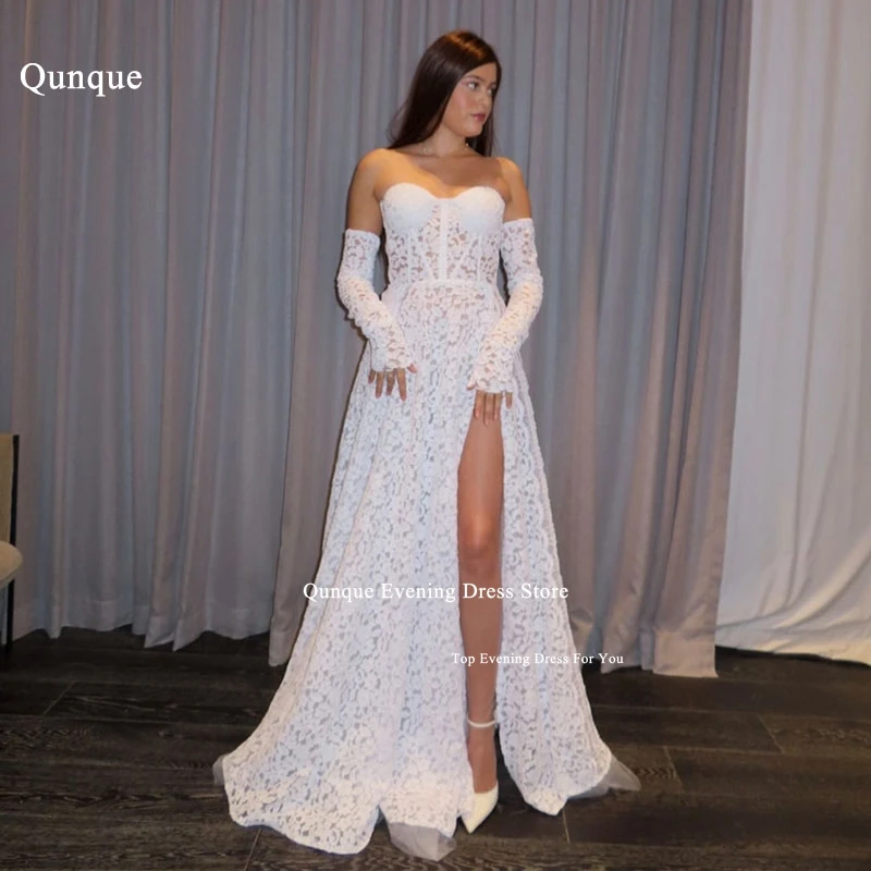 Qunque Lace Wedding Gowns for Women Detachable Sleeves Vestido Novia Bride Dress Corset Back Leg Slit Party Dresses Customized