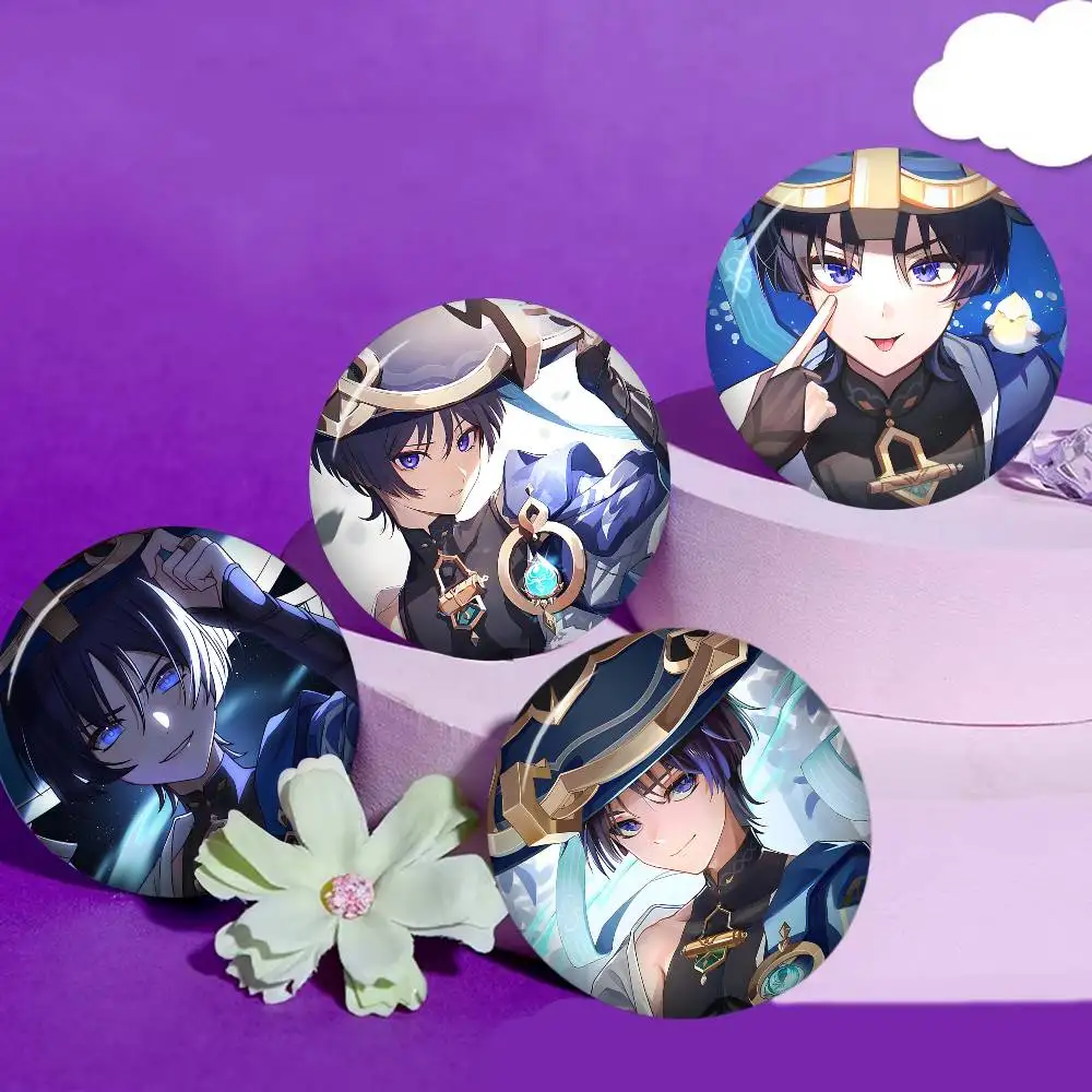 S-Scaramouche-Genshin Photo Brooches Creative Round Badge Gifts Pins 32/44/58mm