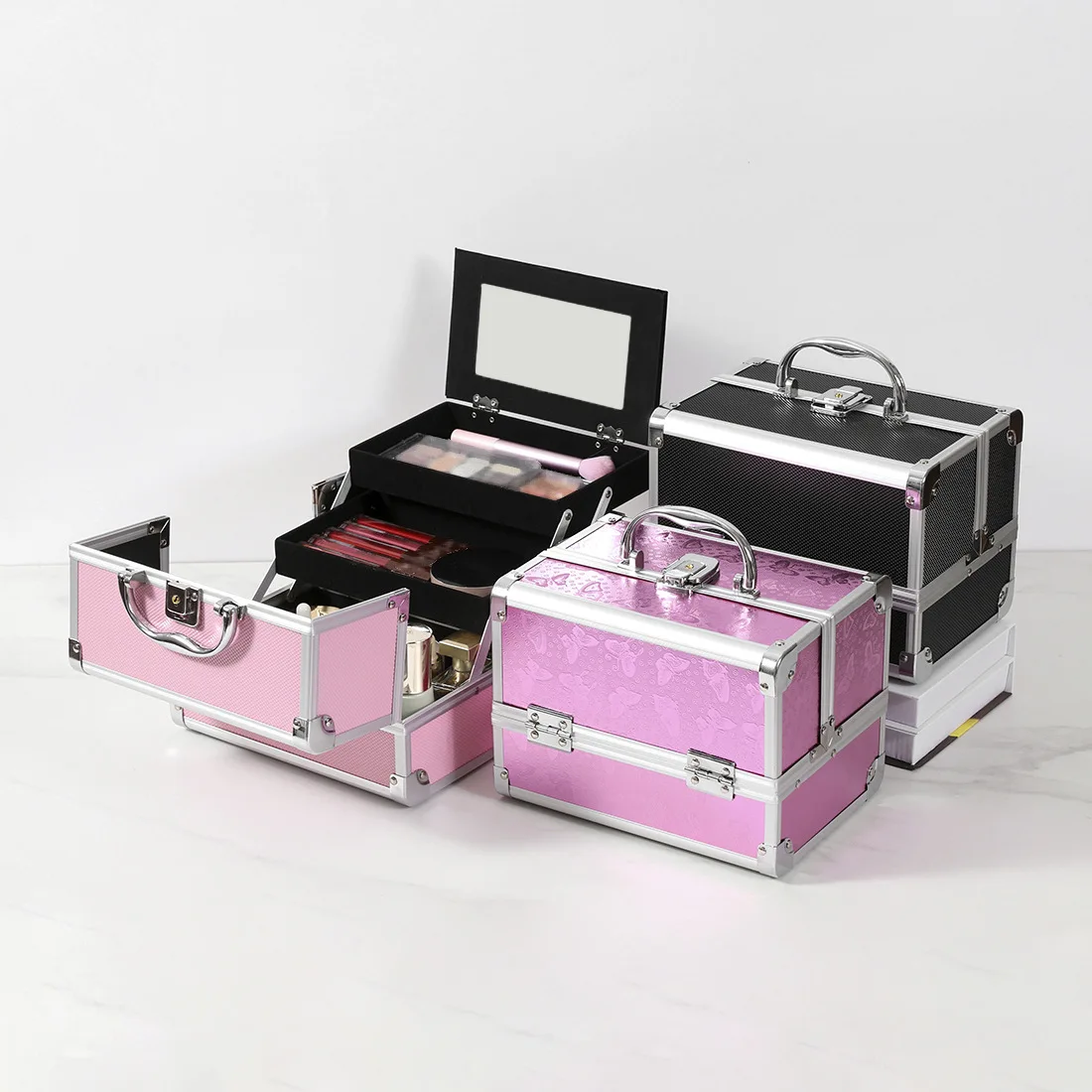 Professional Makeup Case With Mirror Large Capacity Aluminum Alloy Portable Multi-Layer Tool Box For Makeup Artists With Lock