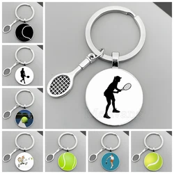 Charm Tennis Keychain Tennis Player Silhouette Racket Jewelry Pendant Glass Dome Keyring I Love Tennis Gift Club Wholesale