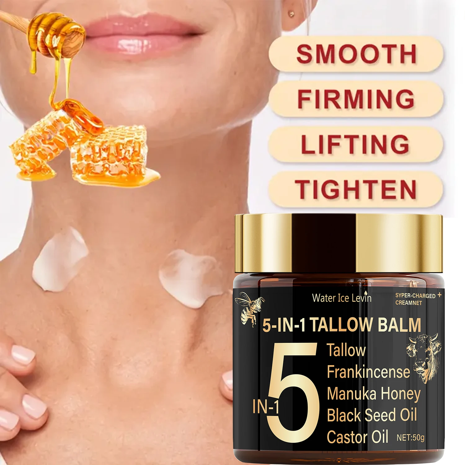 5-in-1 Tallow Balm. Frankincense Black Seed Castor Oil. Lifts Firms Tightens Hydrates. Multi-Benefit Formula. 50g.