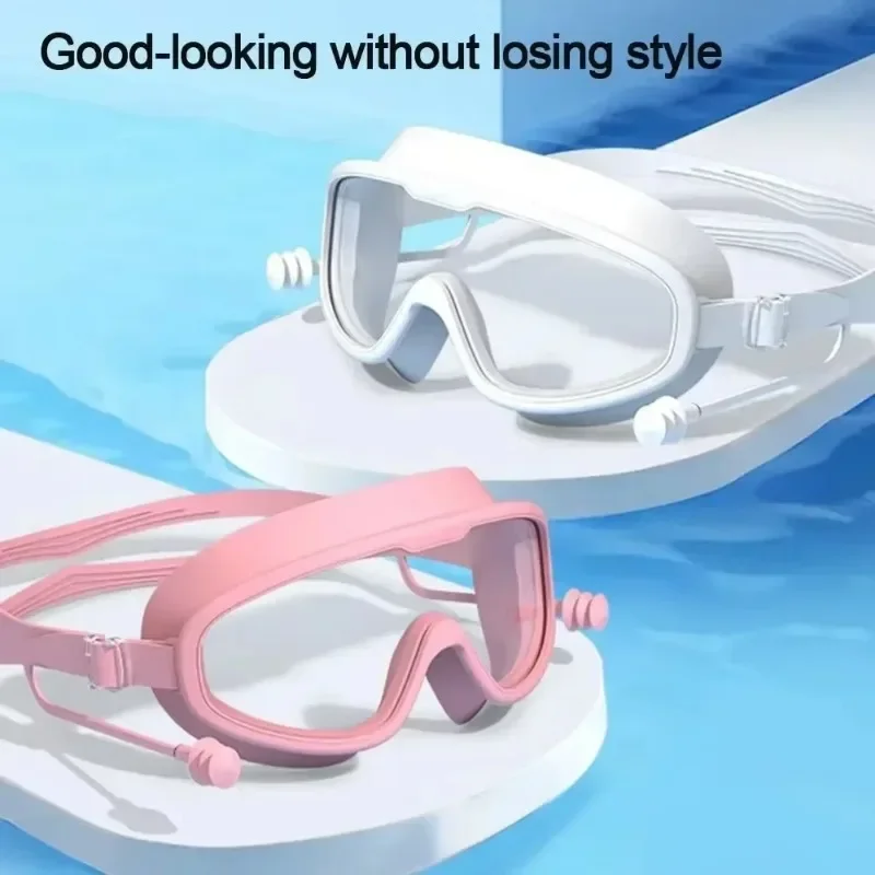 Silikon-Schwimmbrille für den Sommer, Schwimmbrillengestell mit Ohrstöpseln, für Jungen und Mädchen, professionelle HD-Antibeschlag-Brillenteile, Huangzi